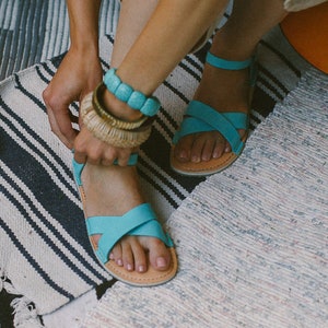 Summer Leather Sandals, Turquoise Sandals, Women Sandals, Summer Shoes, Closed Toe Sandals, Summer Sandals, Strappy Sandals image 1