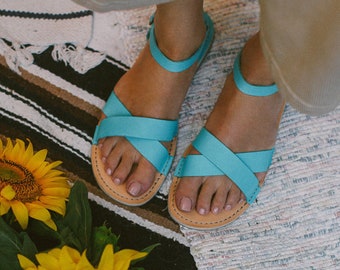 Sustainable Leather Sandals, Turquoise Leather, Women Sandals, Summer Shoes, Open Toe Sandals, Summer Sandals, Strappy Sandals