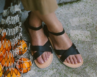 Leather Summer Sandals, Open Toe Sandals, Sustainable Black Sandals, Black Open Toe Sandals, Summer Flats, Casual Sandals, Toe Open Sandals