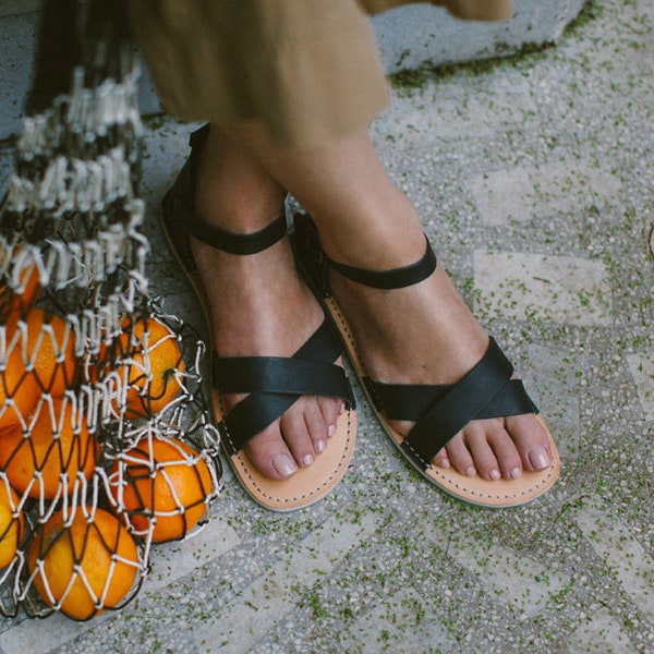 Leather Summer Sandals, Open Toe Sandals, Sustainable Black Sandals, Black Open Toe Sandals, Summer Flats, Casual Sandals, Toe Open Sandals
