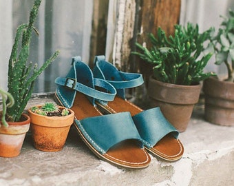 Blue Leather Sandals, Flat Leather Sandals, Sustainable Women Sandals, Handmade Sandals, Summer Sandals, Leather Women Sandal, Open Toe