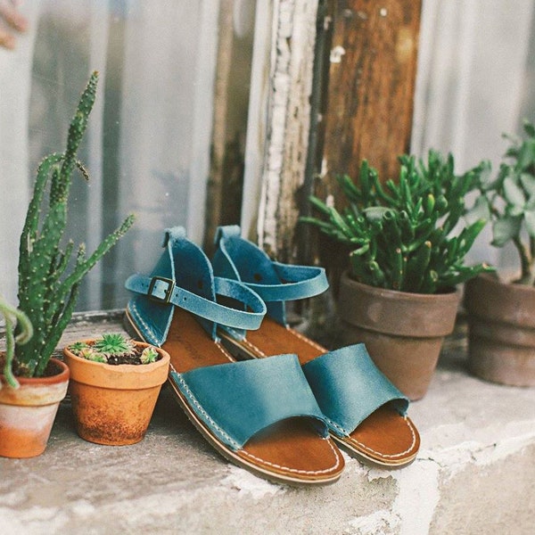 Blue Leather Sandals, Flat Leather Sandals, Sustainable Women Sandals, Handmade Sandals, Summer Sandals, Leather Women Sandal, Open Toe