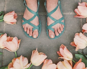 Sandales, Sandales en cuir, Sandales d'été, Chaussures plates en cuir, Sandales à lanières, Chaussures d'été, Chaussures pour femmes, Sandales pour femmes, Sandales bleu-vert