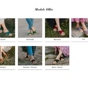 May include: A collage of ten photos showing different colors of leather sandals with the model name "Ollie" at the top.