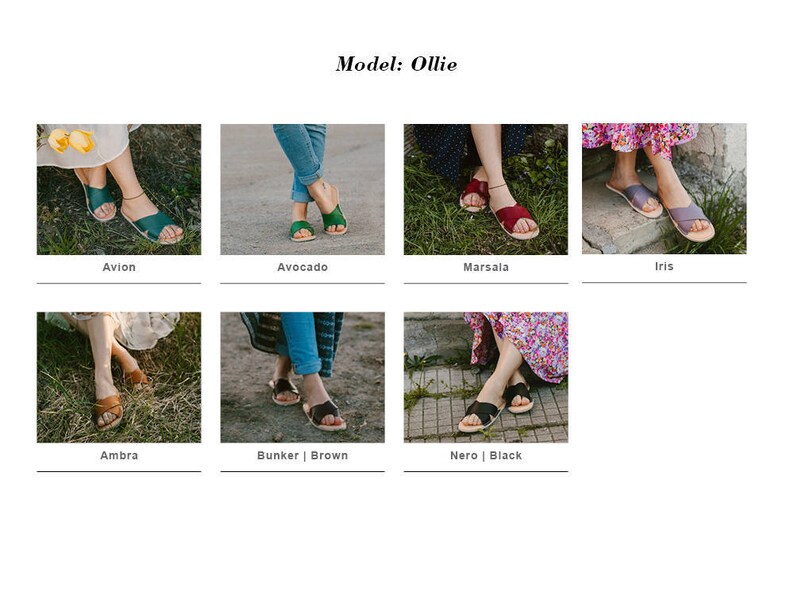 May include: A collage of ten photos showing different colors of leather sandals with the model name "Ollie" at the top.