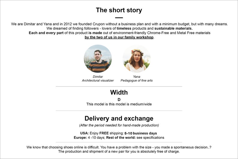 May include: A website screenshot showing information about a shoe company called Crupon. The text describes the company's story, the materials used to make their shoes, and their shipping and exchange policies. The website also features photos of the company's founders, Dimitar and Yana.