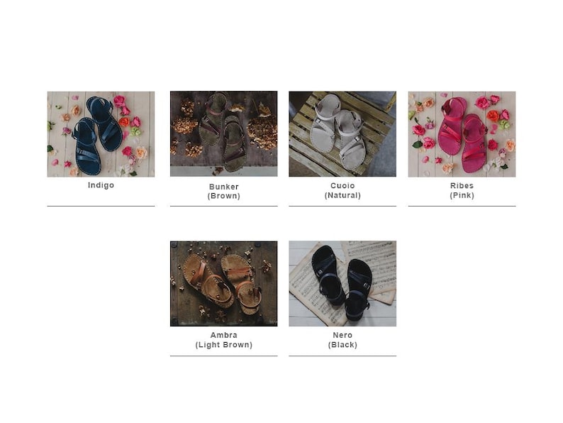 Peut inclure: Collection de sandales en cuir de diff&eacute;rentes couleurs : indigo, marron, naturel, rose, marron clair et noir. Chaque paire est pr&eacute;sent&eacute;e avec des &eacute;l&eacute;ments d&eacute;coratifs et son nom de couleur.