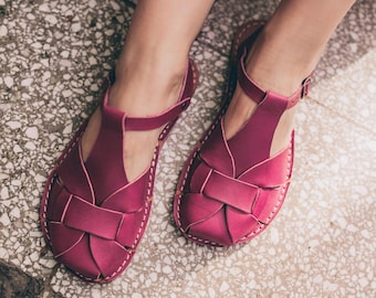 Sandalias descalzas de cuero, sandalias descalzas, sandalias Marsala, zapatos hechos a mano, puntera ancha, caída cero, sandalias minimalistas, calzado natural