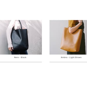 May include: Two leather tote bags, one black and one light brown. The bags are shown being held by people in the image.