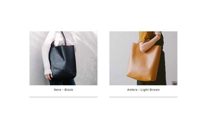 May include: Two leather tote bags, one black and one light brown. The bags are shown being held by people in the image.