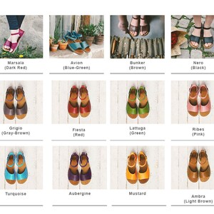 May include: A set of 12 pairs of sandals in various colours, including red, green, blue, pink, brown, and black. Each pair is shown on a white wooden surface.