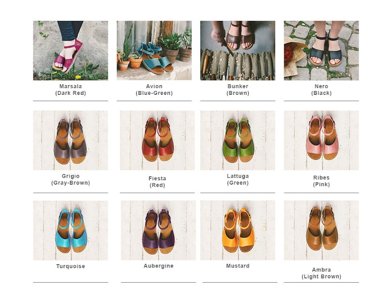 May include: A set of 12 pairs of sandals in various colours, including red, green, blue, pink, brown, and black. Each pair is shown on a white wooden surface.