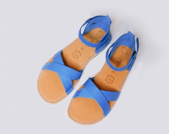 Leather Sandals, Blue Leather, Blue Sandals, Women Sandals, Summer Shoes, Closed Toe Sandals, Summer Sandals, Strappy Sandals