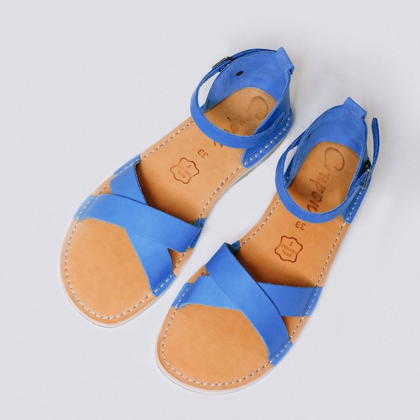 Leather Sandals, Blue Leather, Blue Sandals, Women Sandals, Summer Shoes, Closed Toe Sandals, Summer Sandals, Strappy Sandals