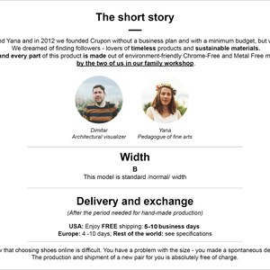 May include: A website screenshot showcasing the story of a small business called Crupon. The website features photographs of the two founders, Dimitar and Yana, and describes their dedication to sustainable materials and handcrafted products. The website also includes details about shipping and exchange policies.