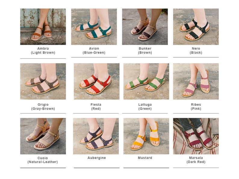 May include: Twelve pairs of women's sandals in various colors, including brown, blue-green, black, gray-brown, red, green, pink, natural leather, purple, yellow, and dark red. The sandals are all flat and have a simple design.