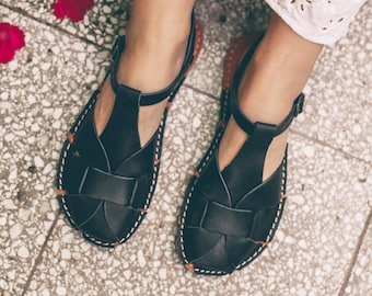 Sandalias descalzas, sandalias descalzas de cuero, sandalias negras, zapatos hechos a mano, puntera ancha, caída cero, sandalias minimalistas, calzado natural