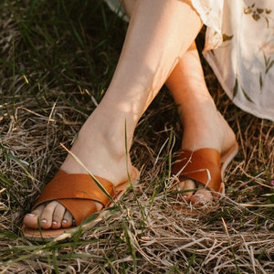 May include: A pair of brown leather sandals with a criss-cross strap design. The sandals are worn by a person sitting in a field of dry grass.