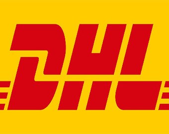May include: The DHL logo features bold, red, sans-serif capital letters spelling out DHL, positioned against a vibrant yellow background. Three horizontal red lines extend from the left side of the D and the right side of the L, creating a balanced design.