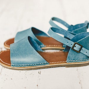 Blue Leather Sandals Flat Leather Sandals Sustainable Women - Etsy