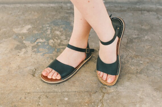 Deep Dark Green Leather Sandals Women Leather Sandals Summer | Etsy