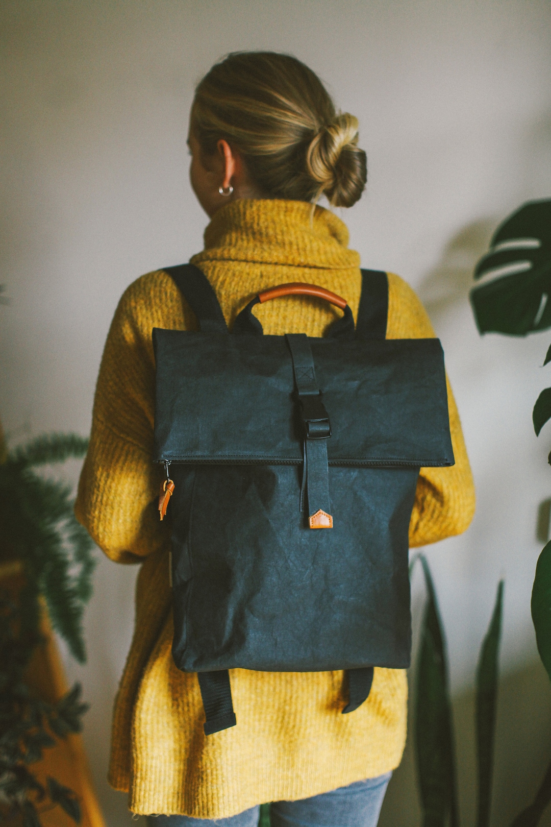 Sustainable Black Rucksack Backpack, Black Backpack, Folded Top