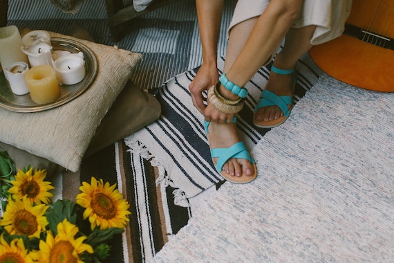 Summer Leather Sandals, Turquoise Sandals, Women Sandals, Summer Shoes, Closed Toe Sandals, Summer Sandals, Strappy Sandals
