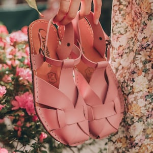 Sandali in pelle a piedi nudi, sandali a piedi nudi, sandali rosa, scarpe fatte a mano, punta larga, drop zero, sandali minimalisti, calzature naturali