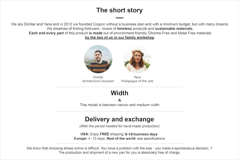 May include: A text-based image describing the story of a small business called Crupon, founded in 2012 by Dimitar and Yana. The business makes timeless products using sustainable materials. The image also includes information about the width of the product and the delivery and exchange policy.