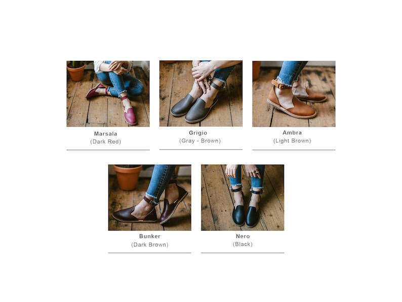 Op de afbeelding: Vijf paar leren sandalen met enkelbandjes in verschillende kleuren, waaronder donkerrood, grijs, lichtbruin, donkerbruin en zwart.
