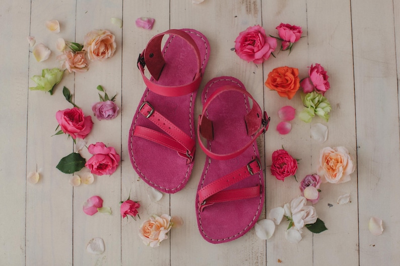 Sandales en cuir pieds nus, Chaussures minimalistes faites main, Forme de pied naturelle, Bout large, Sandales Zero Drop, Femme Ribes | Pink
