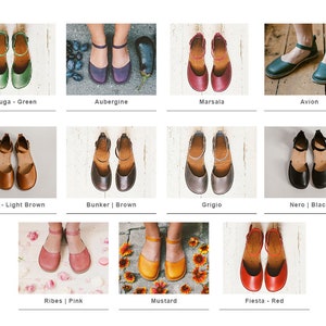 May include: A collection of 12 pairs of women's leather sandals in various colors, including green, purple, red, brown, black, pink, and yellow. Each pair is shown on a different background, such as wood, flowers, or fruit.
