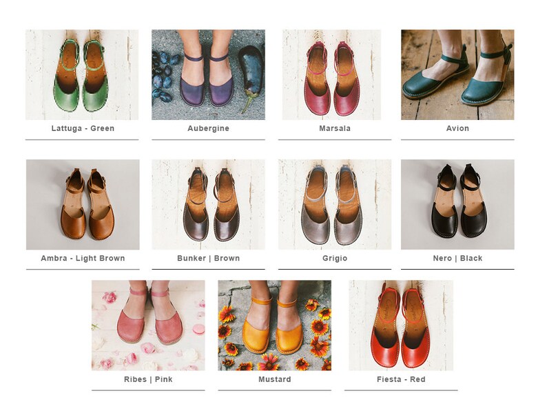 May include: A collection of 12 pairs of women's leather sandals in various colors, including green, purple, red, brown, black, pink, and yellow. Each pair is shown on a different background, such as wood, flowers, or fruit.