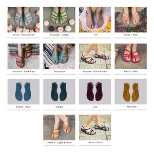 May include: A collection of colorful sandals in various shades, including blue, green, pink, red, brown, and yellow. Each pair is displayed with the name of the color, such as "Avion - Blue Green" and "Nero - Black".