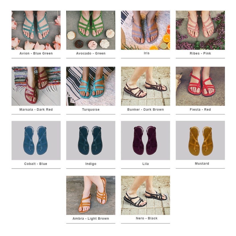 May include: A collection of colorful sandals in various shades, including blue, green, pink, red, brown, and yellow. Each pair is displayed with the name of the color, such as "Avion - Blue Green" and "Nero - Black".