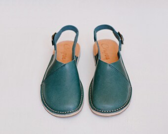 Leather Women Slingback, Sustainable Summer Sandals, Green Blue Leather Sandals,Leather Sandals, Women Sandals, Summer Shoes, Flat Sandals