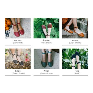 May include: Six pairs of women's leather sandals in different colors, including red, brown, black, and green. Each sandal has a strap across the foot and an ankle strap.