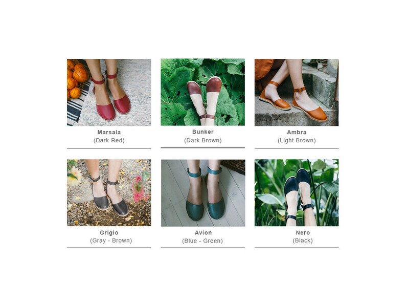 May include: Six pairs of women's leather sandals in different colors, including red, brown, black, and green. Each sandal has a strap across the foot and an ankle strap.