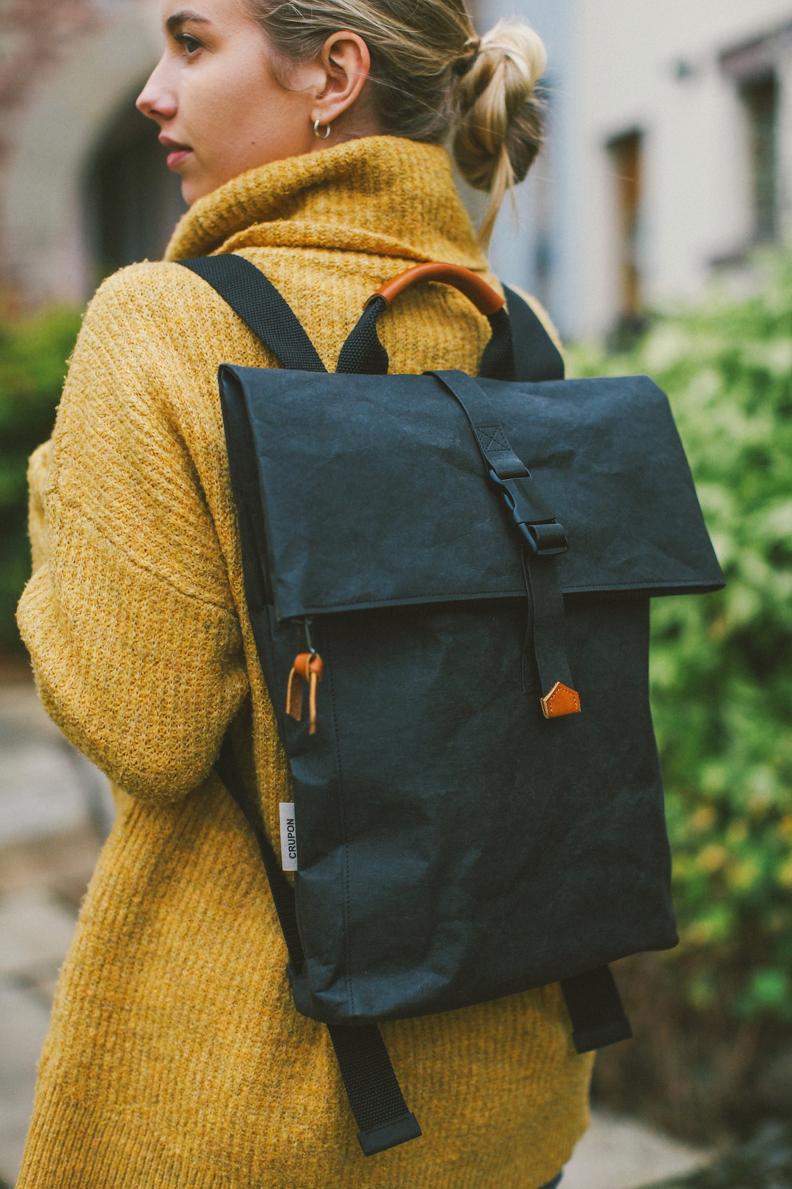 Sustainable Black Rucksack Backpack, Black Backpack, Folded Top ...