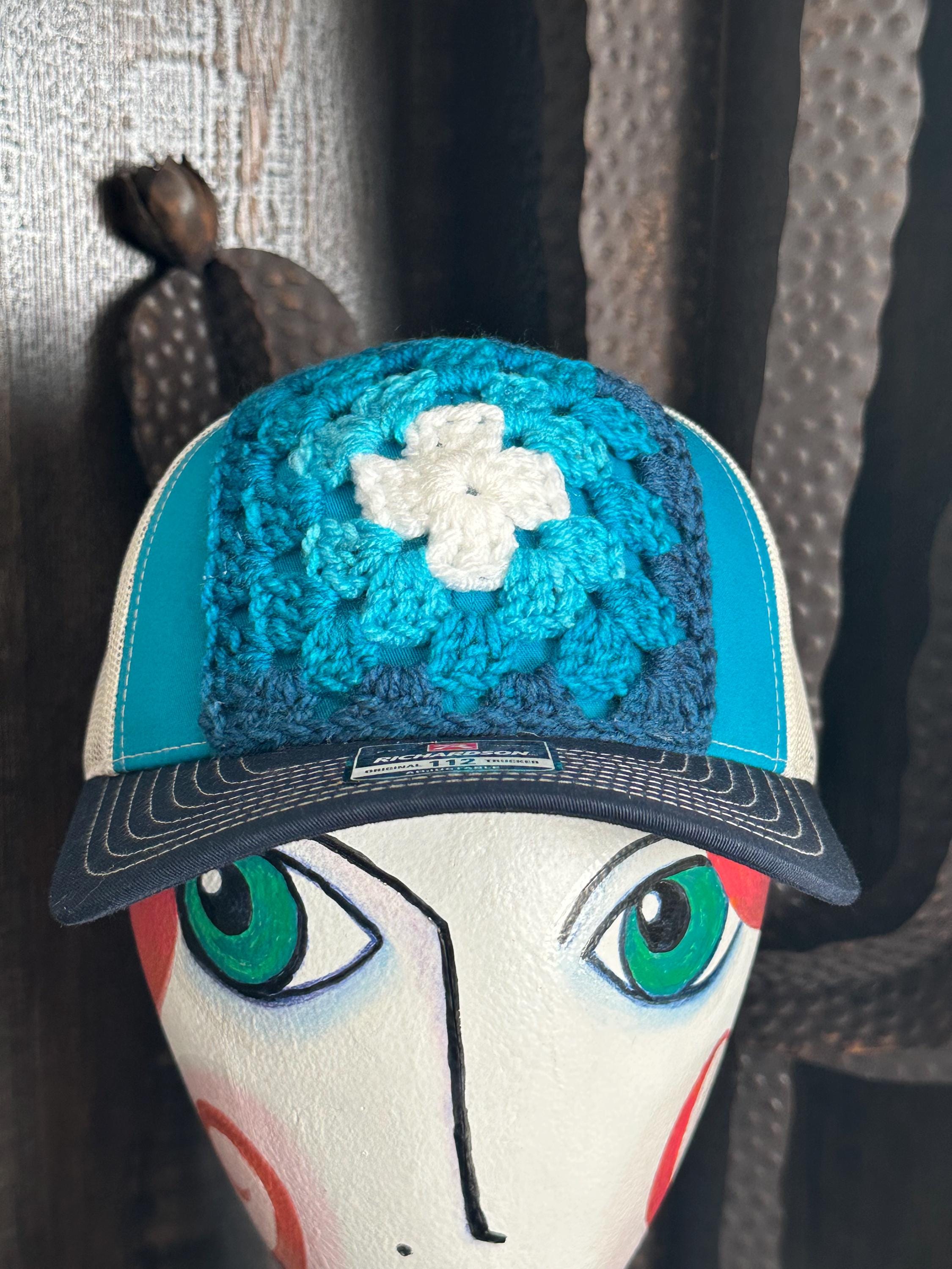 Crochet Granny Square Trucker Hat ? Blue Ponytail Baseball Cap Adjustable Boho Crochet Granny Square Trucker Hat, Crochet Hat, Trucker Hat  main image 2