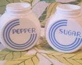 Vintage Fire King Vitrock Sugar and Pepper Shakers Bule and White