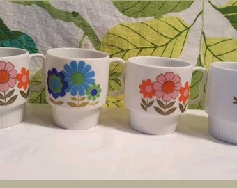 Vintage 1970s Floral Stacking Mugs Made in Japan