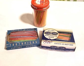 Vintage 1950s 1960s Wooden and Plastic Toothpicks in Original Packaging Lot of 3