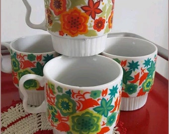 Vintage Floral Stacking Mugs Made in Japan