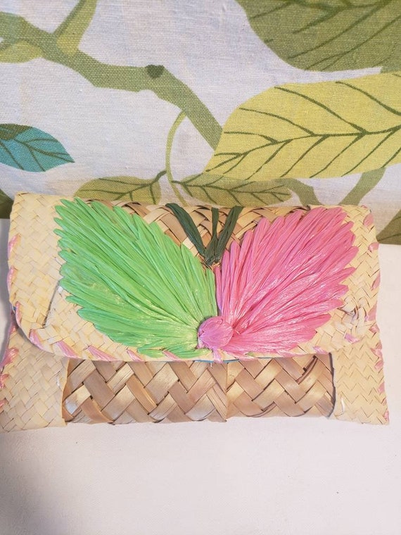 Vintage 1960s 1970s Straw Grass Envelope Purse NIC