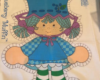 Vintage 1980s Strawberry Shortcake Blueberry Muffin Cut and Sew Fabric Pillow Panel