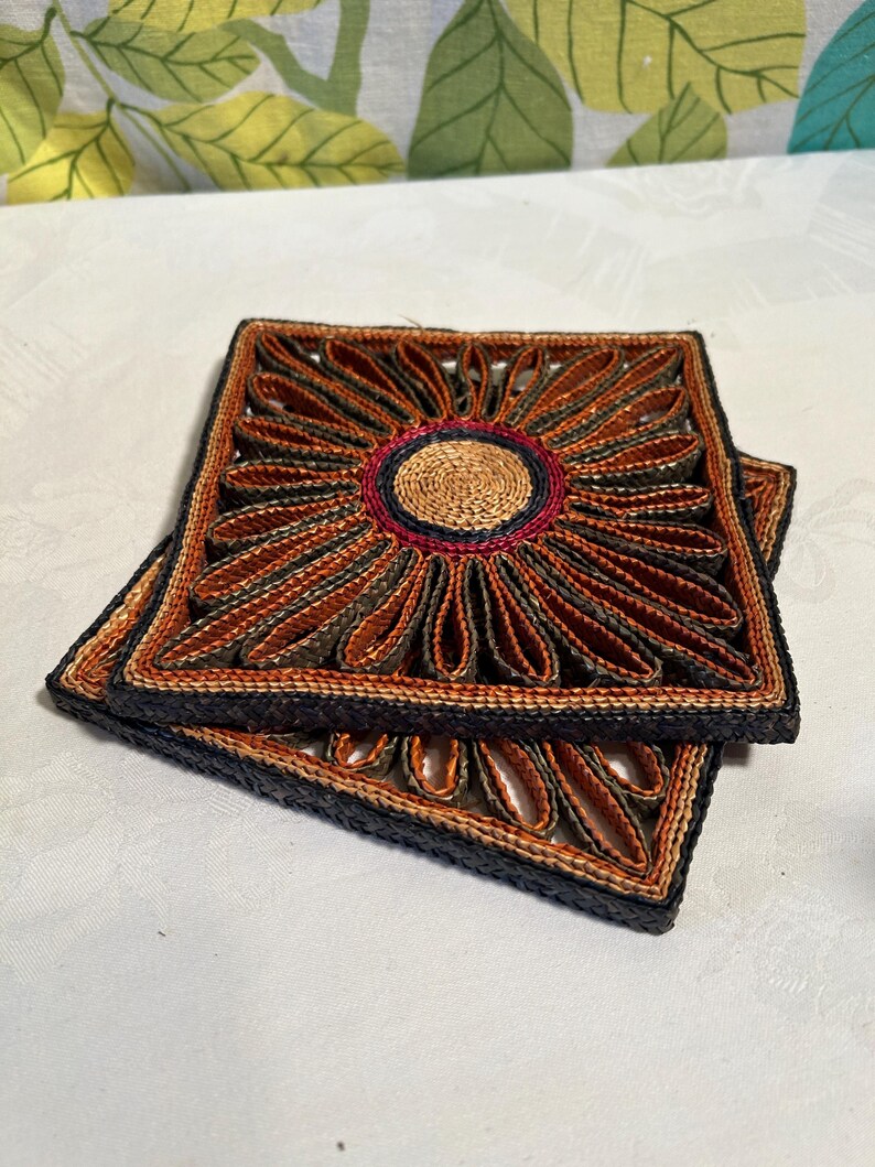 Vintage Colorful Raffia Rattan Square Trivets Set of 2 - Etsy