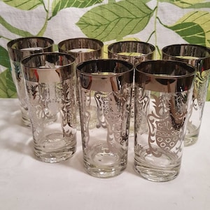Vintage 1950s Silver Rimmed Glasses: Mid Century Coat of Arms, Set of 7