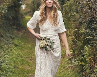 long cotton lace wedding dress, Bohemian wedding dress, 'Elodie' bridal dress, lace with sleeves, sustainable eco wedding dress made in UK