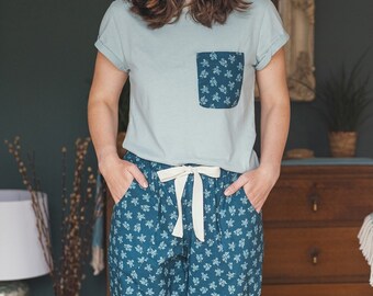 Womens Pyjamas made in Organic Cotton, Ditsy Print Organic Sleepwear, Teal Rose print pyjama trousers & top, cotton PJ set, handmade in UK